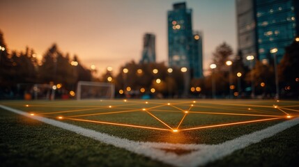 Futuristic digital network overlaying a sports field at dusk with city skyline bokeh lights, symbolizing connected urban innovation and smart technology.