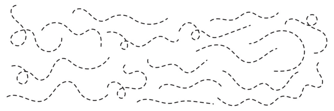 Hand drawn dotted line element set. Curved and twisted dashed paths. Wavy dashed curvy line, loopy squiggle path, decorative wave border, dotted line divider, seamless vector illustration. EPS 10