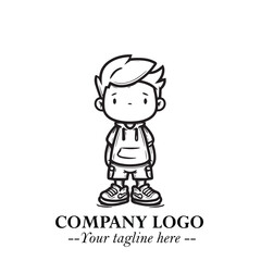 Black and White Chibi Boy Illustration with Jacket and Boots in Bold Thick Line Art Minimal Style