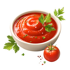 Smooth red tomato sauce in white bowl, with parsley and a tomato