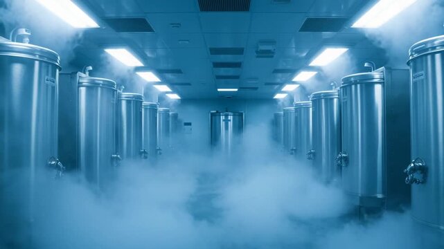 Row of Metal Tanks with Vapor Inside Clean Industrial Room