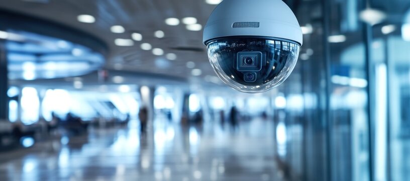 Security surveillance camera in a modern office building corridor