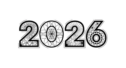Intricate White Mandala Patterns Fill the Numbers 2026, cutout, PNG isolated on a white or transparent background, AI