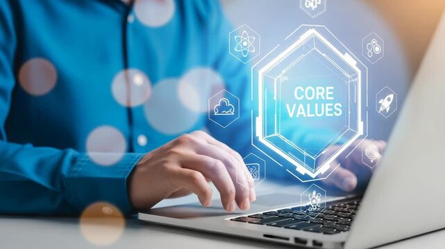 Person typing on laptop with core values graphic overlay in a bright blue shirt on desk