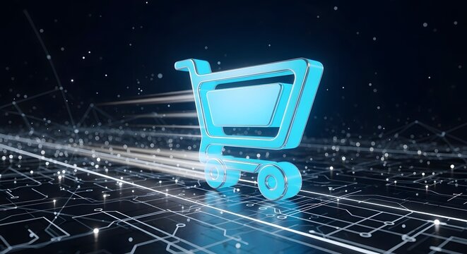 Glowing blue shopping cart on a futuristic grid background with streaks of light