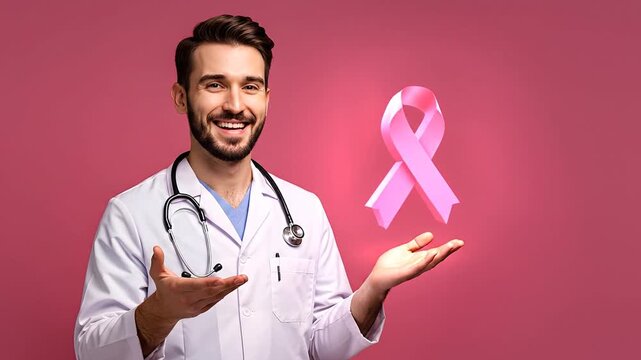 Medical professional presents awareness ribbon concept on pink background