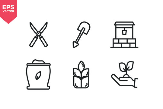 Set of line icons related to pruning shears, digging tools, water hole, fertilizer, plants. Outline icons collection. Editable stroke. Vector illustration.