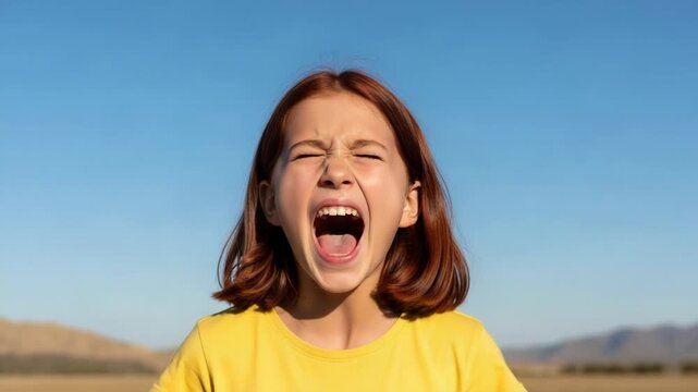 Young girl with red hair screaming loudly against a clear blue sky