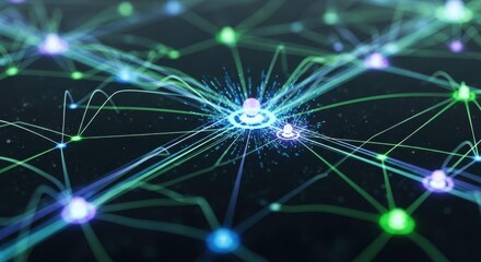 Abstract network visualization with glowing nodes and interconnected lines representing data flow and digital connections in a modern design