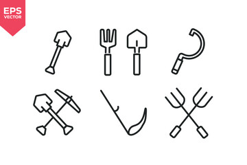 Set of line icons related to shovel, fork & trowel, digging tools, sickle and hay fork. Outline icons collection. Editable stroke. Vector illustration