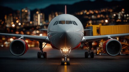 Fototapeta premium Stunning modern passenger jet awaits at illuminated airport tarmac preparing for nighttime flight with city lights glowing softly in background
