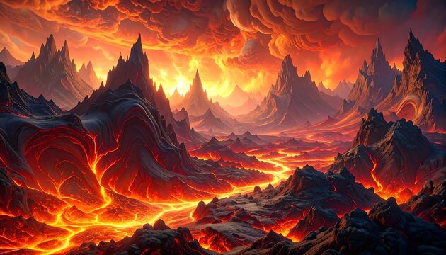 A fiery landscape with jagged peaks and flowing magma beneath a tumultuous, burning orange sky