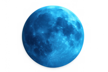 Blue moon appearing bright on a transparent background, lunar glow illuminating cosmic mysteries and astronomical phenomena