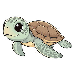 A cute, stylized illustration of a baby sea turtle with large, expressive eyes and a friendly smile, depicted on a white background.