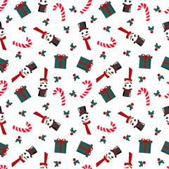 Seamless pattern of snowman heads, gift wraps, candy canes, and holly leaves with a Christmas theme. Timberwolf or beige background for wrapping paper, textiles, wallpaper, merchandise and decoration