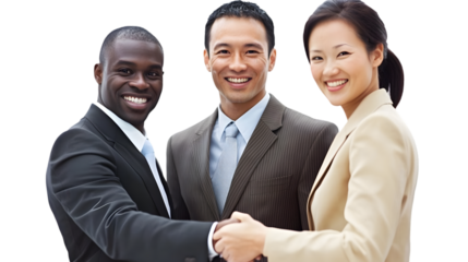 Three diverse business people smiling and shaking hands in a show of unity and cooperation