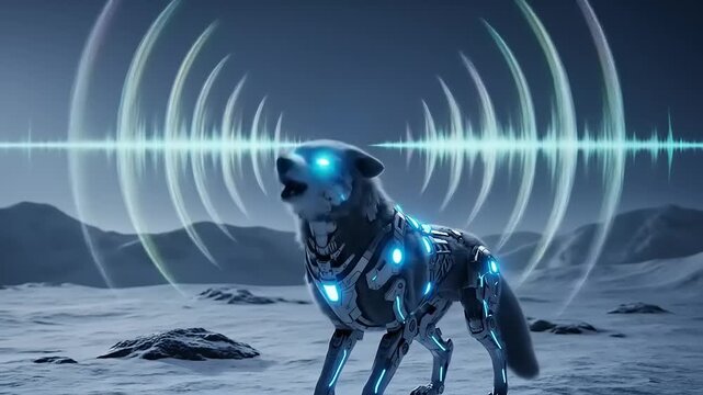 Futuristic Cybernetic Wolf Howling Under Digital Sound Waves.