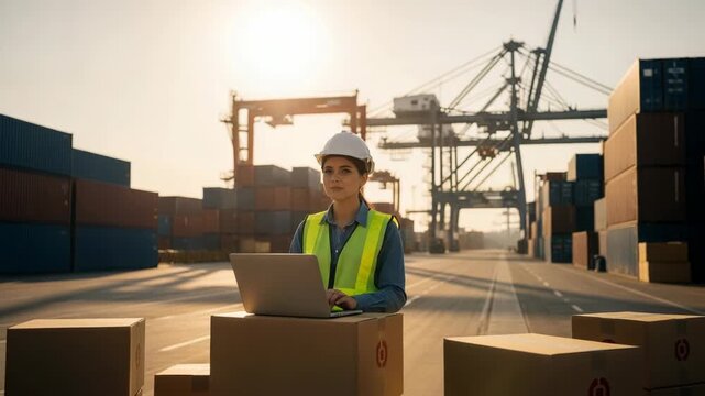 Woman in hard hat and vest works on laptop at shipping container port