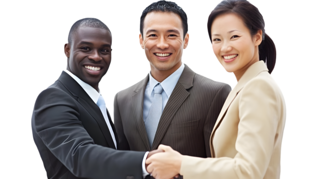 Three diverse business people smiling and shaking hands in a show of unity and cooperation
