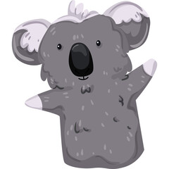 Cute cartoon koala waving hello with a fluffy gray body and big black nose on transparent background