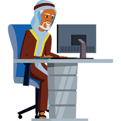 Elderly Arab Man Wearing Traditional Clothing Works At A Computer Desk In An Office Setting With A Blue Chair And Gray Table In A Professional Environment
