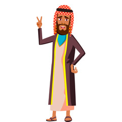 Elderly Arab Man Wearing Traditional Thobe and Keffiyeh Gesturing Peace Sign with a Smiling Face and Transparent Background