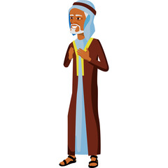 Elderly Arab man wearing traditional thawb and ghutra with smiling expression and hands on chest in standing pose against a white background