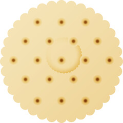 Close up of a round crispy baked cracker with a golden brown color and scalloped edges featuring small brown dots arranged in concentric circles on a clean transparent background