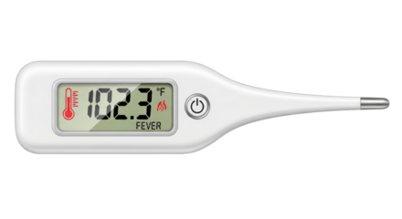 Digital Thermometer Displays 102.3 Degrees Fahrenheit Indicating Fever Illness Healthcare Medical Tool isolated on a Transparent Background
