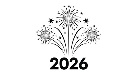 Stylized black and white illustration of fireworks celebrating the arrival of the year 2026 with stars