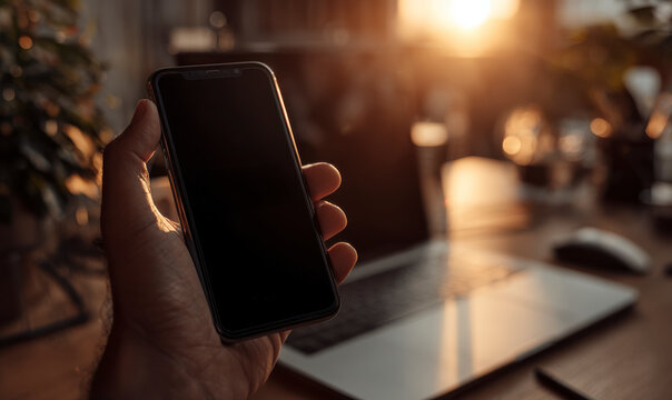 Hand holding mobile phone in warm sunlight; laptop blurred in the background. - Powered by Adobe
