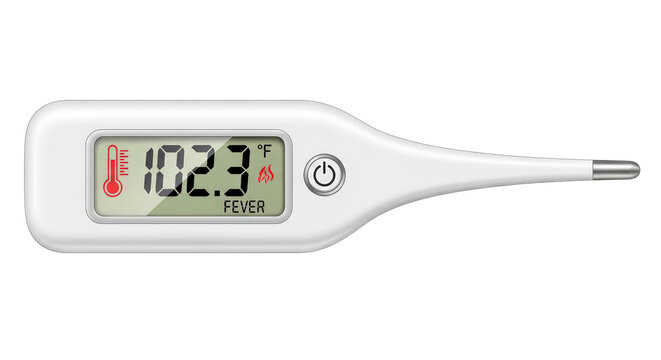 Digital Thermometer Displays 102.3 Degrees Fahrenheit Indicating Fever Illness Healthcare Medical Tool isolated on a Transparent Background