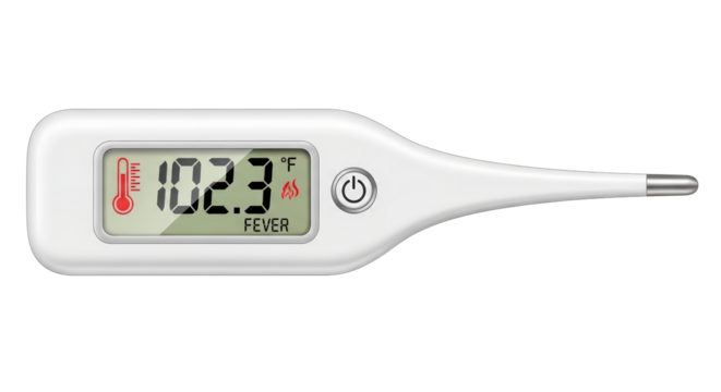 Digital Thermometer Displays 102.3 Degrees Fahrenheit Indicating Fever Illness Healthcare Medical Tool isolated on a Transparent Background