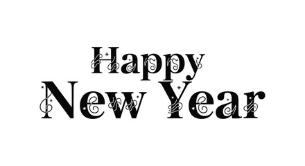 Elegant black and white typography wishing happy new year with ornate flourishes