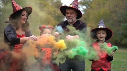 Family witches outdoors, releasing colored smoke, Halloween, for celebration, party, or fall events
