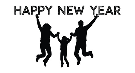 Happy new year silhouette of a family jumping with joy celebrating together