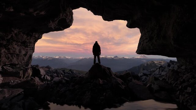 Explorer Silhouetted in Cave Entrance Gazing at Majestic Mountain Sunset Panorama, 3D Rendering - Powered by Adobe