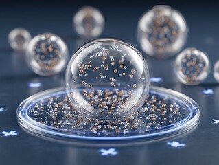 Transparent Glass Spheres with Golden Particles and Blue Cross Symbols on Glowing Disk, Biotech Lab Style.