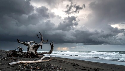Moody beach view featuring a weathered driftwood log on a black sand beach under an ominous stormy sky