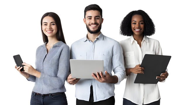 Three diverse young professionals smiling and holding devices against a black background in a studio shot