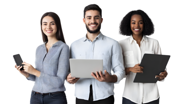 Three diverse young professionals smiling and holding devices against a black background in a studio shot - Powered by Adobe