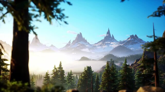 Lush forest view of mountain range in distance, for landscape art, wallpaper, or nature media