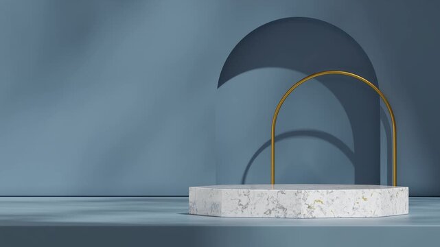 white block marble podium looping seamless shadow animation with gold arch and shadow blue wall, 3d footage render scene template