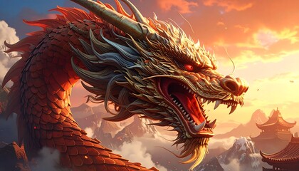 Ornate red-gold dragon roars atop misty mountain range, Asian architecture in background, sunset sky