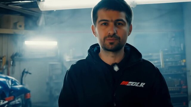 Young man in black hoodie stands in a dimly lit garage checking his smartphone with cars and tools behind him as light smoke moves through the background