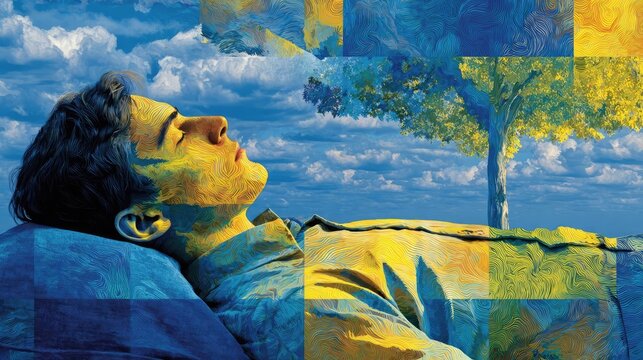 Lost in dreams collage man in his inner world making plans concept. A serene moment captured with vibrant colors and peaceful imagery.