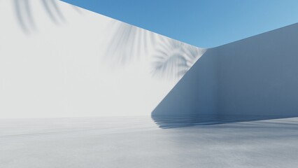 3d rendering of modern exterior with palm leaf shadow on white wall and swimming pool, Abstract minimal Geometry on sky background, Empty concrete floor for car presentation