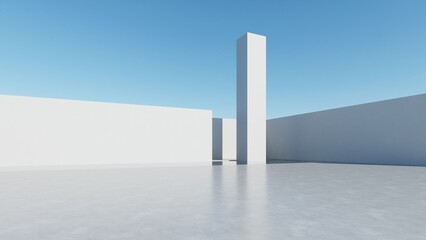 3d illustration of abstract modern architecture background, Minimal geometry architectural design, Car presentation backdrop with empty concrete floor, Geometric white blocks building design	
