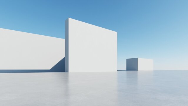 3d illustration of abstract modern architecture background, Minimal geometry architectural design, Car presentation backdrop with empty concrete floor, Geometric white blocks building design	