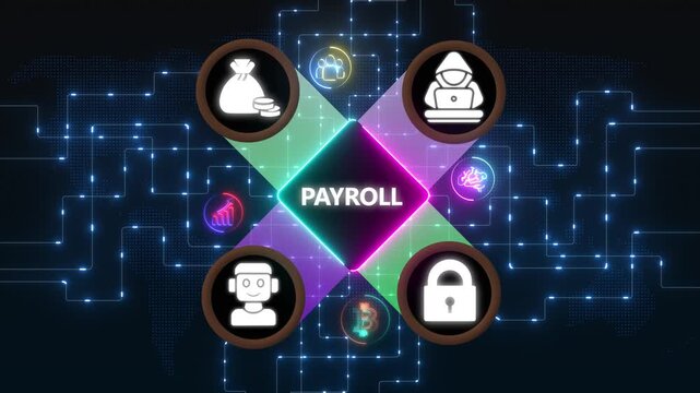 Digital payroll concept global worldwide with financial icons and world map background, Internet infrastructure concept map Abstract technology background in blue color .